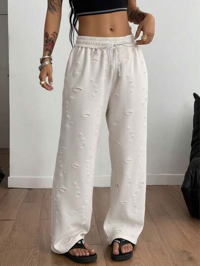 Pantalones casuales de cintura elástica con bordado hueco de unicolor para mujer, pantalones rectos relajados con cordón en la cintura para primavera/verano, adecuados para actividades al aire libre, correr, fitness, reuniones