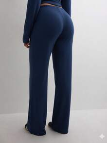 Women's Casual Black Wide Leg Fabric Pants With Drawstring Detail Long Medium Stretch - Blue - View 5