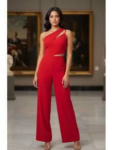 Macação Alfaiataria Feminino Pantalona Longo Elegante Festa vermelho - Vermelho - Visão 3