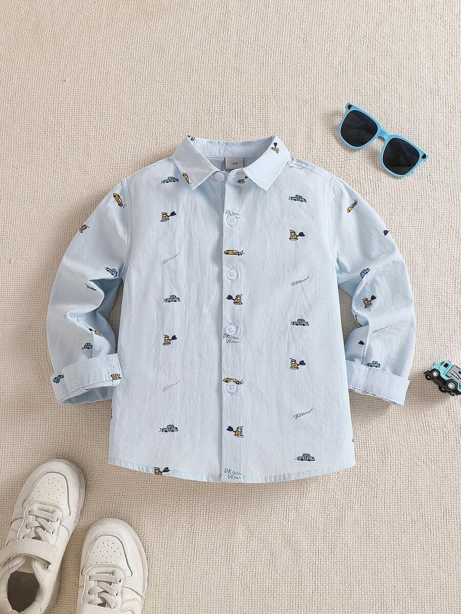 Young BoyTrendy Car Print Shirt, Autumn - Baby Blue - View 1