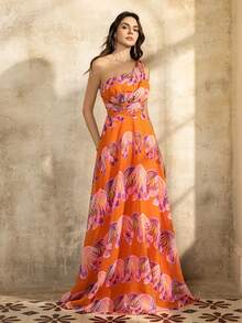 Faeriesty Elegant Women's Glamorous Chiffon Long Formal Dress With One Shoulder And Flared Hem, Sleeveless Flowing Design Perfect For Evening Events - Orange - View 4
