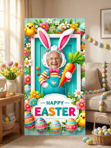 1pc Easter Theme Photography Backdrop - Colorful Rabbit Paper Cutting, Chicks, Easter Eggs, Floral And "Happy Easter" Printed Photography Backdrop, Joyful Cartoon Easter Holiday Style Polyester Photography Backdrop, Rectangular, With Rabbit Paper Cutting Design And Vibrant Pattern Details - Multicolor - View 3