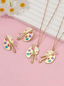 2条项链和1对耳环，配以调色盘和画笔，锌合金镀金彩色珐琅首饰套装，适合青少年日常休闲佩戴，也是送给朋友的礼物。 - 均碼 - 查看 3