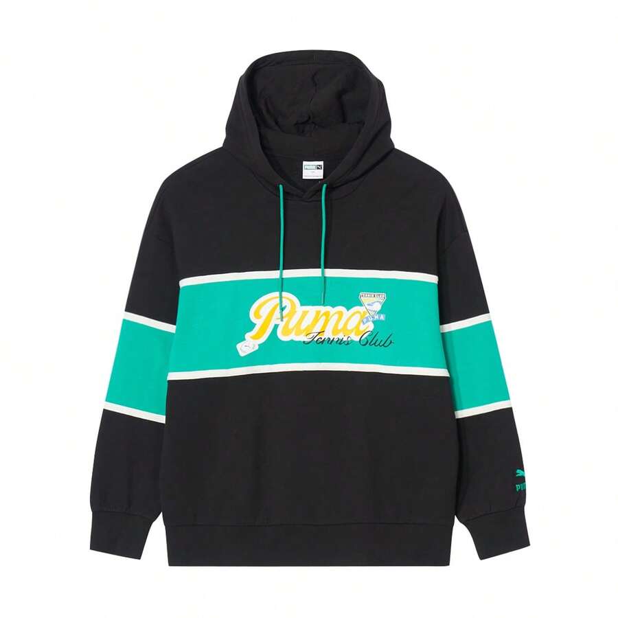 Puma 撞色针织卫衣,男女通用,舒适套头衫,饰有大号Logo,休闲运动装 - 黑色 - 查看 1