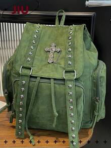 Y2K Streetwear Studded Flap Backpack For Women; Multifunctional Fashion Drawstring Shoulder Bag; Multi-Pocket Lightweight Travel Bag; Large Capacity Minimalist Student Backpack; Portable Backpack Suitable For Students, Nurses, Teachers, Business Professionals, Travel, Commuting, Shopping, Office, Dating, Hiking, Training, Work, Birthday Gift, Holiday Gift - Multicolor - View 15