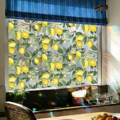 1/5pcs Spring Floral Lemon Green Plant Stained Glass Window Sticker, Reusable PVC Electrostatic Adsorption Privacy Film, Suitable For Bathrooms, Offices, Bedrooms And Home Decor.