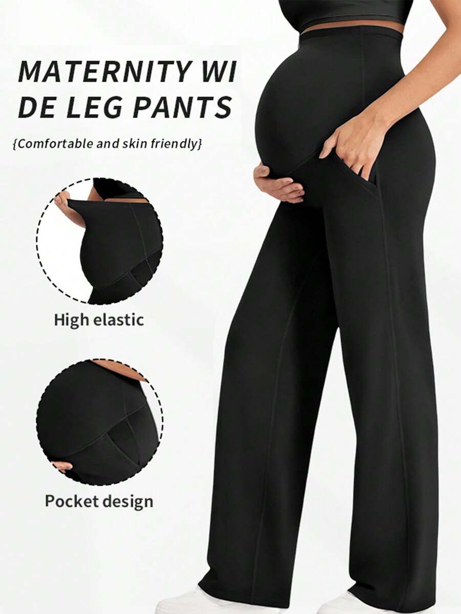 1-PC Women's Maternity Pants, Are In A Simple And Pure Black Color. They Adopt An Elastic Waistband Design That Won't Oppress The Abdomen Sports - Black - View 1