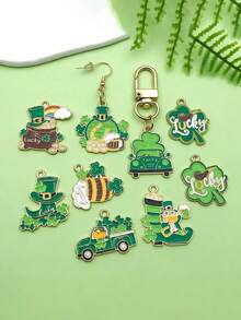 30 piezas Día de San Patricio DIY Verde Esmalte y Aleación Dorada Trébol de Cuatro Hojas Colgante de Dibujos Animados Joyería Haciendo Regalo Festivo (Estilos Aleatorios) - Multicolor - Ver 9