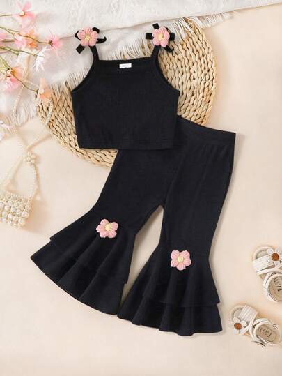 Bộ 2 món kiểu Âu & Mỹ dành cho bé gái, gồm áo hai dây dệt kim và quần ống loe, thích hợp cho các hoạt động ngoài trời, tụ họp bạn bè, tiệc tùng, lễ hội, làm quà tặng, size 4-8 tuổi.