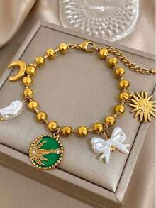 1pc Fashionable & Elegant 18K Gold Plated Oil Drop Disc, Sun, Moon, Bow Knot, Pearl Pendant Necklace Chain, Waterproof Stainless Steel Bracelet - Gold - View 2