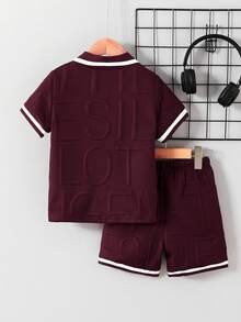 2pcs/Set Young Boy Casual Big Letter Patch Short Sleeve T-Shirt Polo And Shorts Set, Suitable For Summer Casual Outings - Burgundy - View 2