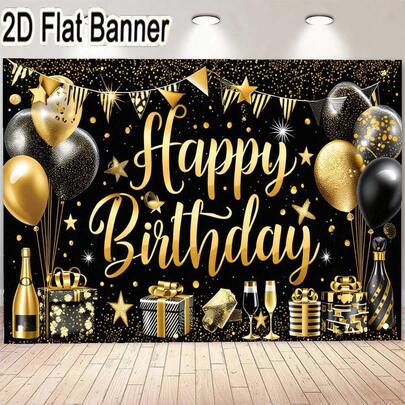 1件黑色和金色生日派对背景布，适合节日装饰，非常适合生日庆祝活动，适合室内/室外使用，非常适合作为摄影道具、节日装饰，并为您的派对氛围增添奢华感。