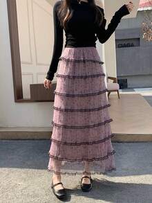 2022 Women's Spring High Waist Layered Lace Trim Mesh Patchwork A-Line Skirt - Mauve Purple - View 5