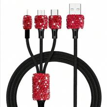 1pc Sparkling Rhinestone Car Charger, Fast Charging USB A/C Type Car Phone Charger, Diamond Adapter, Compatible With 3-In-1 Fast Charging For Car, Retractable Data Cable, Supports Phones, Dashcams, GPS And More, Handmade, Ideal Gift For Men And Women On Holidays/Birthdays - Multicolor - View 90