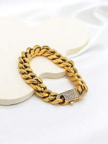 1件装时尚嘻哈个性化18K镀金不锈钢加厚迈阿密链手链，男士派对礼物之选 - 13mm鑲水鑽款 - 查看 1