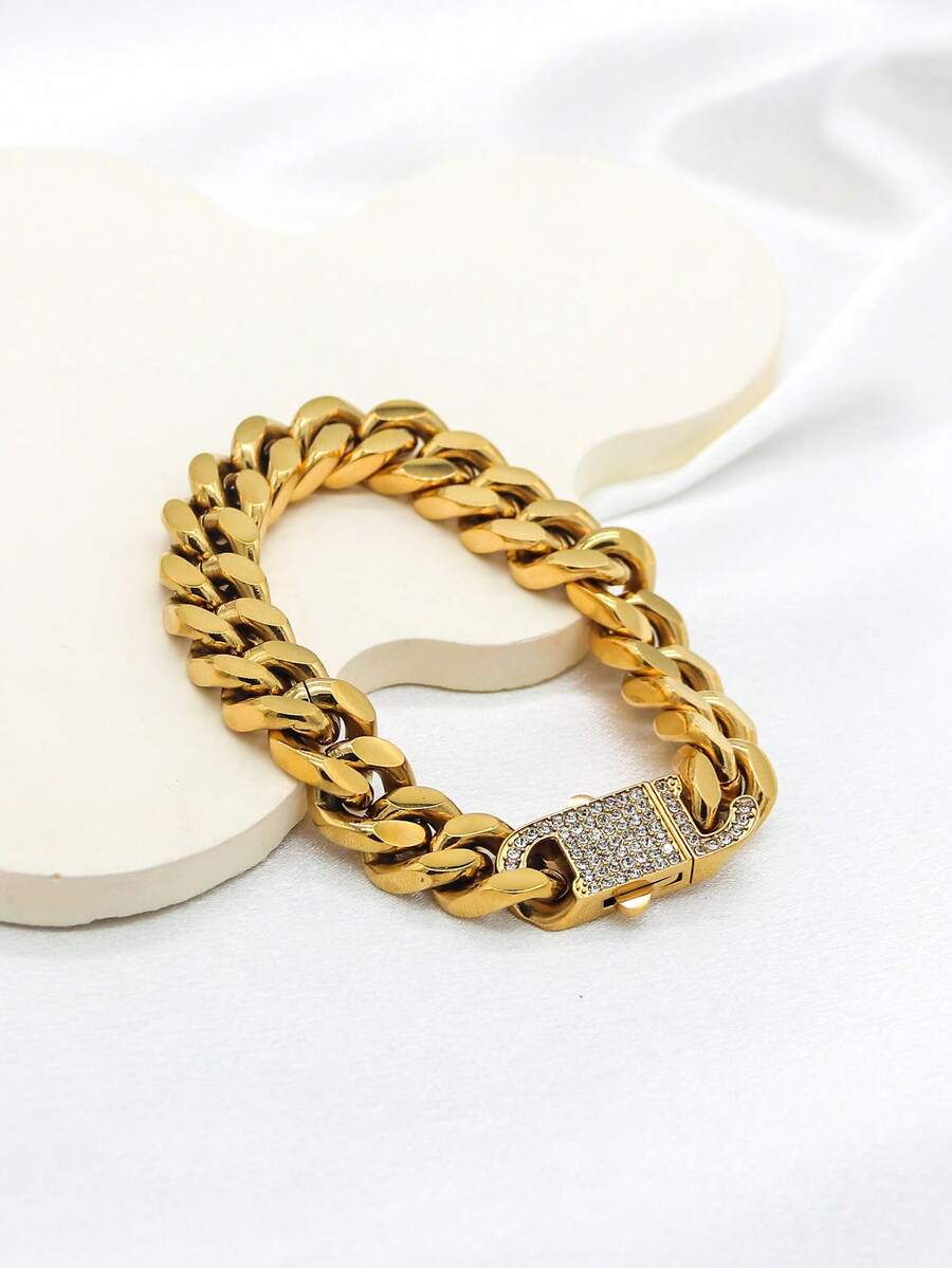 1件装时尚嘻哈个性化18K镀金不锈钢加厚迈阿密链手链，男士派对礼物之选 - 13mm鑲水鑽款 - 查看 1