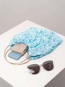 Sequin Clutch Bag With Metal Ring Decor, Elegant Evening Party Purse, Wedding Accessories, Gift For Women, Valentine's Day (Random Pattern) - Blue - View 7