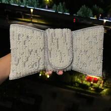 Plus Size High Quality A-Grade Rhinestone Bow Faux Pearl Shiny Crystal Evening Clutch Bag, Chain Shoulder Strap, Fashion Hand Carry Envelope Clutch Purse For Formal Gown And Party, Elegant Faux Pearl Bag, Elegant Pearl Clutch, Prom Bag - Multicolor - View 14