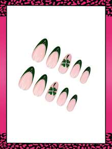 24 قطعة أظافر لوح طويلة بشكل اللوز لشهر رمضان، أظافر فرنسية بتصميم البرسيم الأخضر الداكن لعيد القديس باتريك، أظافر طويلة كاملة الغطاء لامعة، مجموعة أظافر صناعية تشمل: 1 قطعة غراء جيلي و 1 قطعة مبرد أظافر، سهلة الارتداء للاستخدام اليومي وتصميم الأظافر الفرنسية للنساء والفتيات - متعدد الألوان - مشاهدة 3