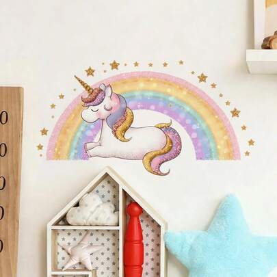 2D Flat Wall Decoration Stickers | Unicorn And Rainbow Creative Patterns, Suitable For Family Bedrooms, Living Rooms, And Bathrooms, Self-Adhesive, Contemporary Style, Plastic Material