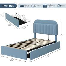Marco de Cama Individual con cabecera de Almacenamiento, Marco de Cama para niños con 2 cajones, Cama tapizada con Plataforma Boucle, con estantería, no Necesita somier, fácil Montaje - Azul - Ver 2