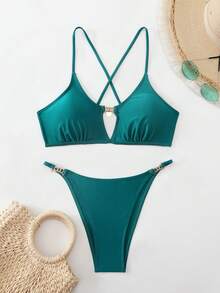 Bikini elegante y sexy de color verde pavo real sólido y dorado, ropa de playa y resort de vacaciones de verano para mujer - Agua verde azul - Ver 8
