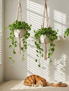 现代波西米亚风壁挂式植物架，手工编织植物吊篮，室内悬挂式花盆篮，饰有装饰珠子，波西米亚棉绳花盆架，适用于户外花园家居装饰，多种尺寸花盆可选，简约公寓必备花园装饰