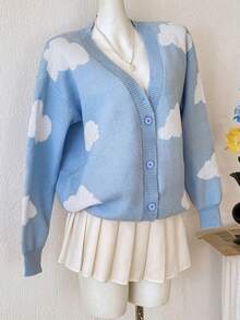 PUMPKIN Casual V-Neck Loose Cardigan, Women Floral Print Long Sleeve Beach Swimwear Sweet Preppy Style Valentine's Day Party Outwear - Blue and White - View 1