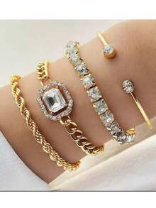 4pcs Set Of Punk Style Exaggerated Braided Rhinestone & Zirconia Bracelets