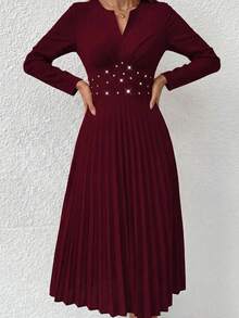 Đầm dài tay cổ chữ V xẻ tà, viền xếp ly, đính pha lê thanh lịch - Màu Đỏ Sâu - Xem 4