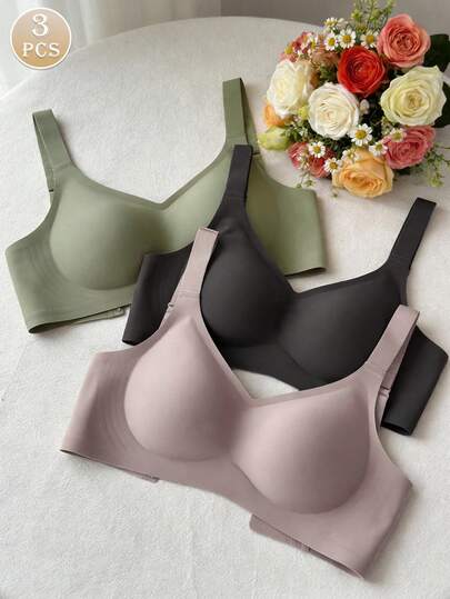3pcs/Set Minimalist Comfortable Sports Bras For Women, Wireless, Solid Color