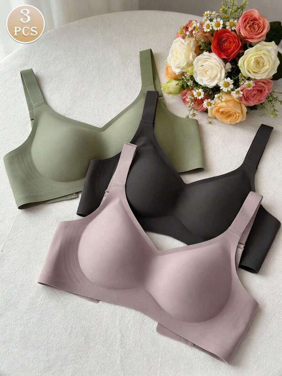 3pcs/Set Minimalist Comfortable Sports Bras For Women, Wireless, Solid Color - Multicolor - View 1