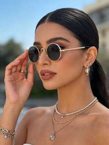 1pc Retro Small Frame Fashion Glasses, Unisex Round Hipster Glasses - Gold - View 5