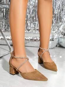 镶钻尖头粗跟优雅礼服鞋，适合宴会和派对，时尚百搭的镂空高跟鞋。红色高跟鞋、黑色高跟鞋、闪亮时尚派对高跟鞋。 - 卡其色 - 查看 2