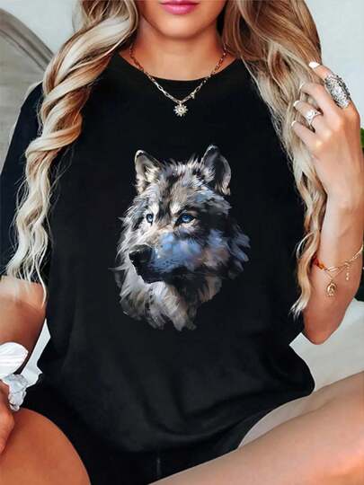 100% Cotton Wolf Face With Blue Eyes Print T-Shirt Round Neck Short Sleeve Streetwear Fashion Breathable Homme Soft Unisex Designer Clothes For Women Casual Clothes