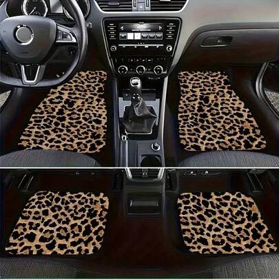 4 piezas Juego de alfombrillas de piso de coche con estampado de leopardo, almohadillas universales para los pies del vehículo, alfombra de vehículo - Cobertura completa delantera y trasera de accesorios interiores de coche, suministros de coche para mujeres, regalo para niña, alfombrillas de vehículo de terciopelo de cristal aptas para sedán, camioneta, SUV, interior de coche, accesorios de coche, artículos esenciales para el coche