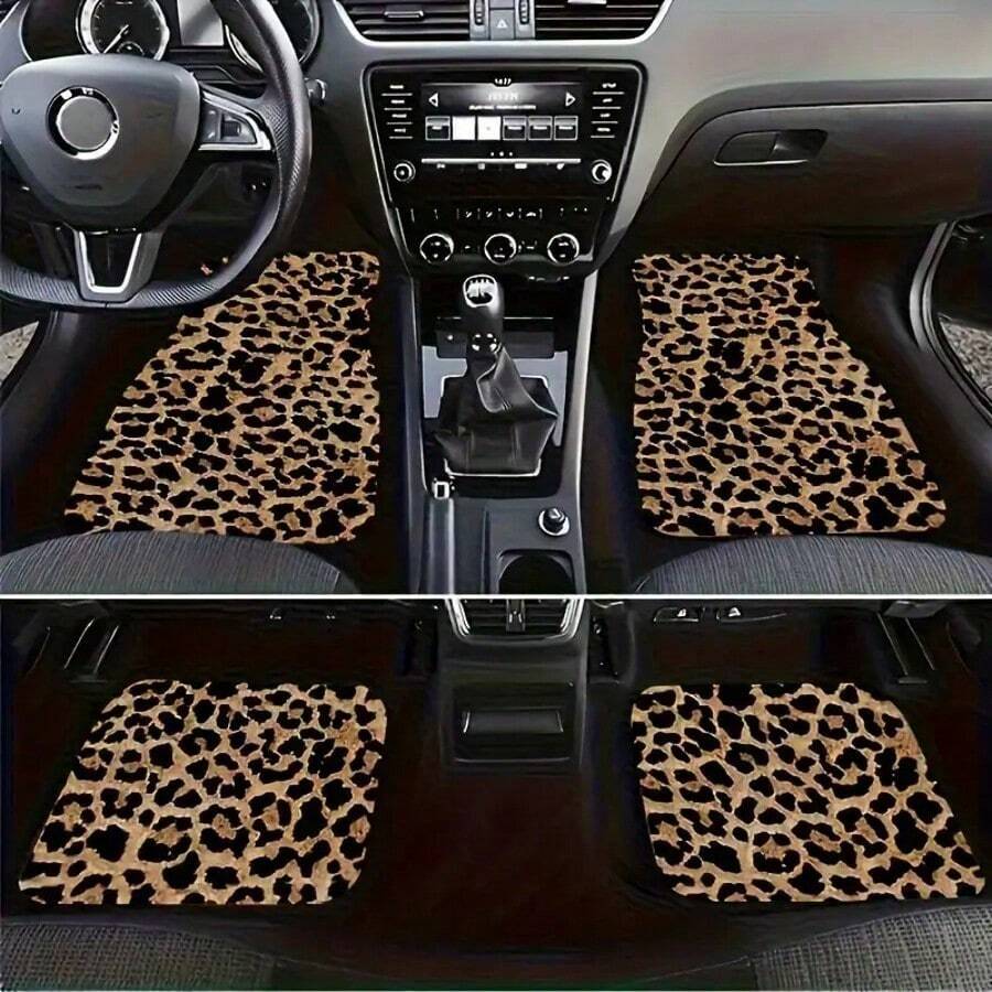 4pcs Leopard Print Car Floor Mats Set, Universal Car Foot Pads, Vehicle Carpet - Front & Rear Full Coverage Car Interior Accessories, Women's Car Supplies, Girl Gift, Crystal Velvet Vehicle Floor Mats Fit For Sedan, Truck, SUV, Car Interior, Car Accessories, Car Essentials - Multicolor - View 1