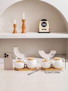 1 Set White Ceramic Kitchen Storage Jars & Spice Rack With Bamboo Tray, Ceramic Spice Jars With Natural Bamboo Lids, Creative Nordic Style Diamond & Wave Pattern, Suitable For Hotel, Restaurant, Home Kitchen Seasoning Bottles, Oil, Vinegar, Spices - White - View 11