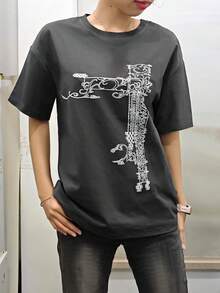 女士圆领短袖T恤，夏季新款时尚印花图案，休闲百搭宽松上衣 - 深灰 - 查看 2