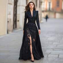 Women's Dress Heavy Industry Elegant Temperament Fresh Long Sleeve Right Angle Shoulder Button Lapel Deep V-Neck Suit Jacket Lace Embroidery Slit Sexy Dress - màu đen - Xem 7