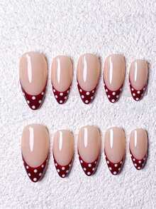 10片手工制作的法式短指甲贴片，有白色、红色和波点图案可选。适合女性和女孩，杏仁形设计。美甲用品 - 酒紅色 - 查看 2