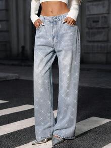 Light Blue Rhinestone Embellished Wide Leg Jeans, Stylish And Straight Leg Pants For Women - Light Wash - View 3