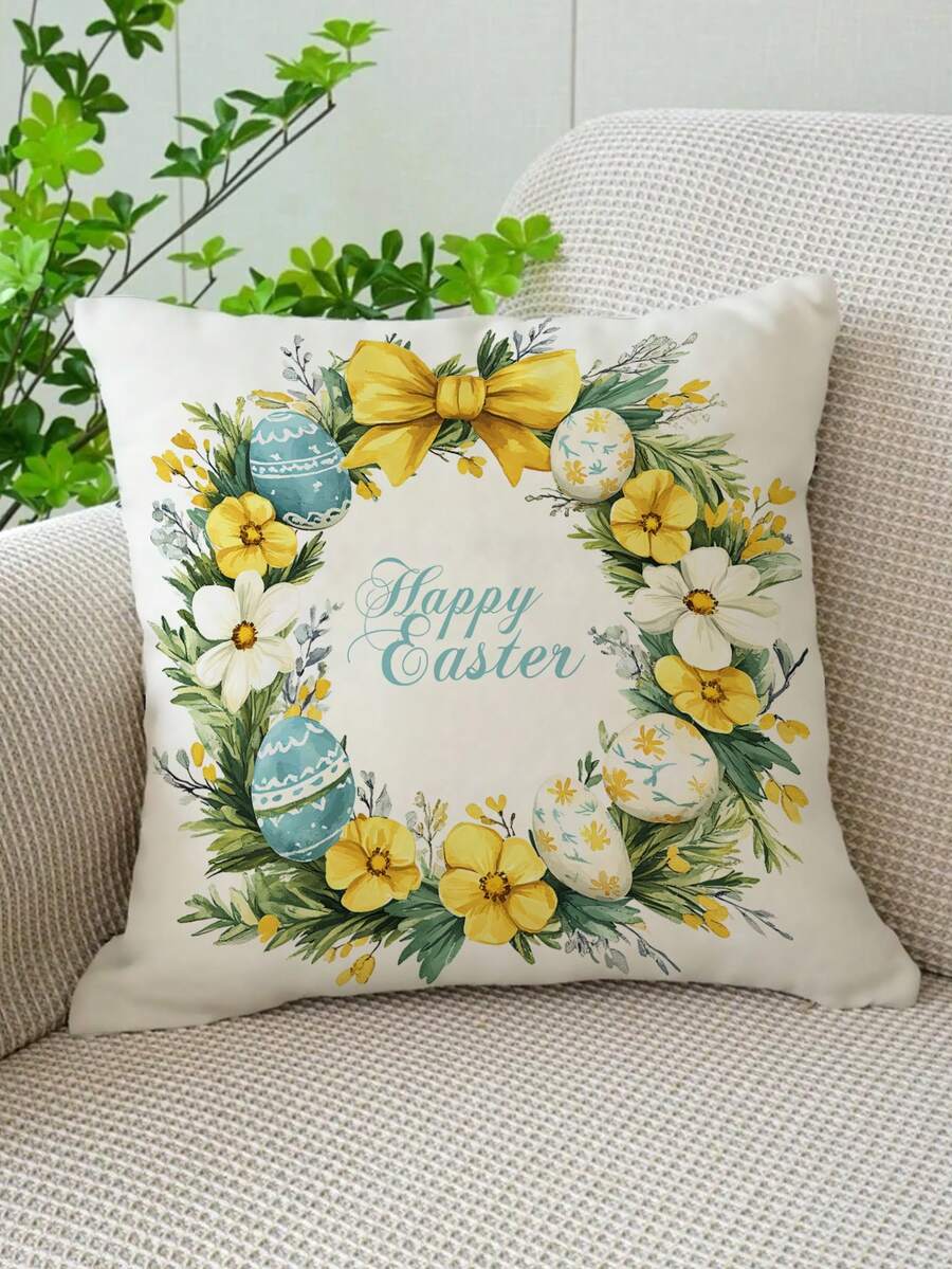 1 件复活节兔子和花环装饰枕套（不含枕芯），柔软舒适的单面印花抱枕套，适用于卧室、客厅、沙发、派对装饰 - 彩色 - 查看 1