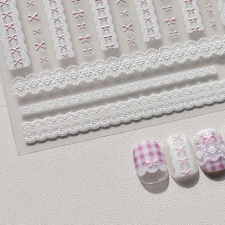 1pc 5D Nail Art StickersSweet Bowknot Pink Lace Heart Self Adhesive Nail Art Stickers Decals Manicure Decals DIY - 彩色 - 查看 1