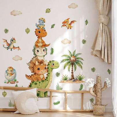 BRUP 1/2sheets/Set Cute Dinosaur Wall Stickers, Self-Adhesive And Removable, Suitable For Kids Room Decoration, Living Room And Bedroom Decoration, Baby Room Wall Decals, Animal Wall Art