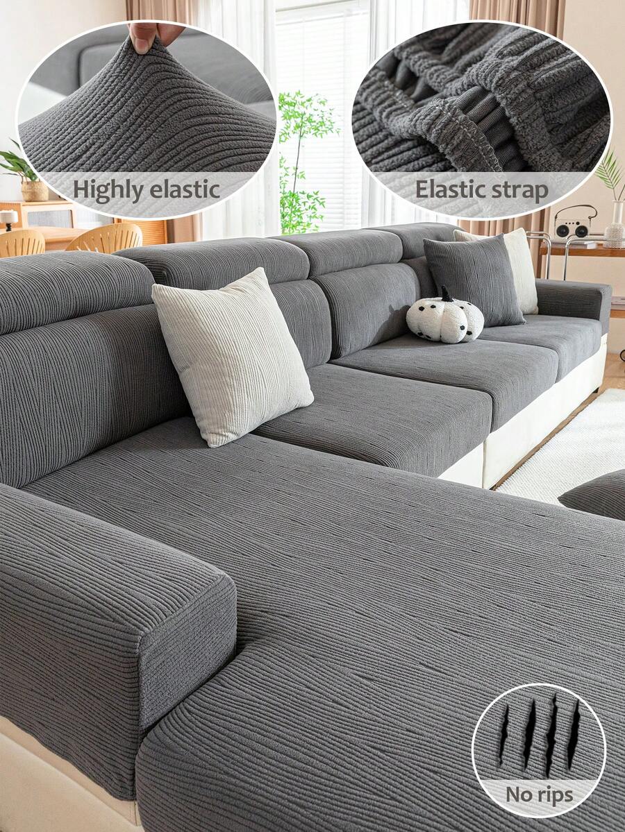 1pc Universal Sofa Cover, Simple All-Season Non-Slip Sofa Pad, Sofa Slipcover, Elastic Sofa Cap, Suitable For L-Shaped Sofa And 1/2/3/4 Seat Sofa Protection - Diagonal Stripes - Dark Gray - View 1