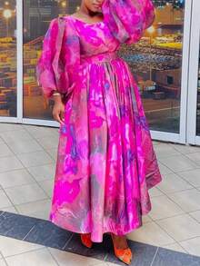Women's Elegant Floral Print Maxi Dress - Ankle-Length Boho Casual Long Dress - Hot Pink - View 4