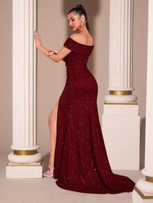 亮片优雅露肩交叉高腰褶裥高开衩露背曳地长裙，适合舞会、婚礼、盛大晚宴、返校节、约会之夜、正式晚宴、生日派对、节日庆典、家庭聚会等场合。 - 酒紅色 - 查看 2