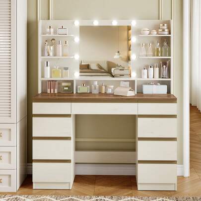 HEXCELEN Dressing Table With Bulb Light, Vanity Desk With 1 Large Drawer And 8 Small Drawer Cabinets, Adjustable Brightness, Large HD Mirror, 9 Open Storage Areas,