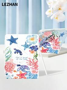 1个蓝色海龟海洋元素设计扁平保护壳，带Y型折叠支架，兼容iPad 10.2英寸、iPad Pro 11英寸（2021/2020款）、iPad（A16）11英寸（第11代/2025款）、第10代/iPad mini 4/5/6、iPad（第9代，10.2英寸），带笔槽，防摔，支持睡眠/唤醒功能，浪漫礼物 - 彩色 - 查看 2